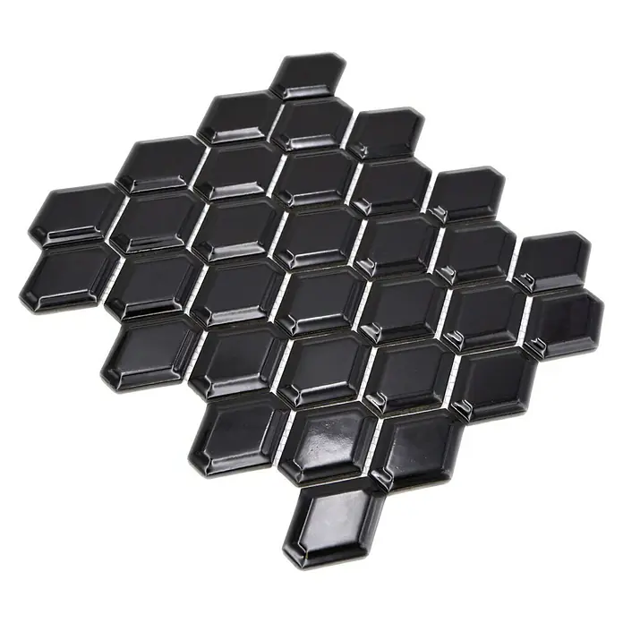 Mosaikfliese Diamant CG MD 5BG - 25,2 x 26,5 cm, Schwarz, Glänzend - Nahaufnahme eines Musters aus schwarzen, sechseckigen Fliesen, die ein modernes und elegantes Design für jeden Raum bieten.