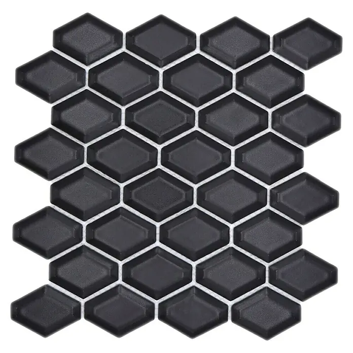 Mosaikfliese Diamant CG MD 7BM - 25,2 x 26,5 cm, Schwarz, Matt - Stilvolle, schwarze Mosaikfliesen in Diamantform mit weißen Fugen, ideal für moderne Innenräume.