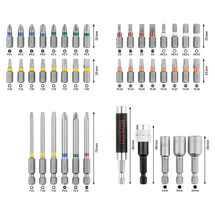 Bosch Bit-Set - 43 -tlg. - Ein umfassendes Set von Schrauberbits und Zubehörteilen, ideal für verschiedenste Schraubarbeiten.