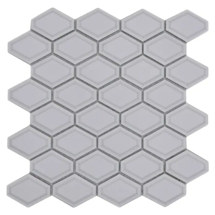 Mosaikfliese Diamant CG MD 3WM - 25,2 x 26,5 cm, Weiß, Matt - Ein Blatt mit weißen, sechseckigen Mosaikfliesen mit einer erhabenen, rautenförmigen Mittelfläche und grauem Fugenmörtel für ein elegantes, modernes Design.