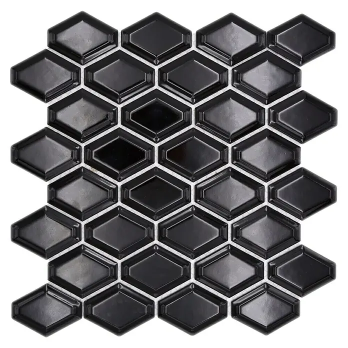 Mosaikfliese Diamant CG MD 5BG - 25,2 x 26,5 cm, Schwarz, Glänzend - Schwarzes, glänzendes Mosaikfliesenmuster in Sechseckform. Die Fliesen haben eine erhabene, rautenförmige Oberfläche und weiße Fugenlinien.