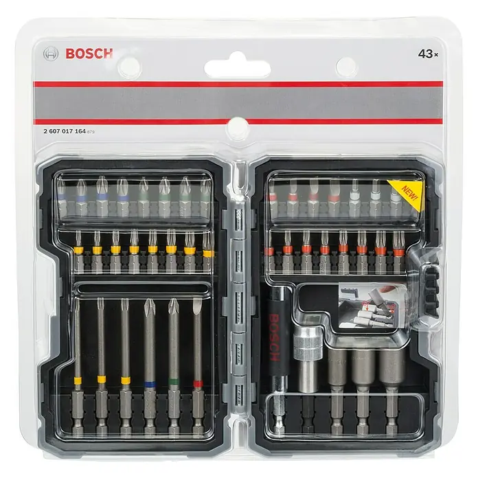Bosch Bit-Set - 43 -tlg. - Bild eines Bosch 43-teiligen Schraubendreher-Bit-Sets mit verschiedenen Bits und Haltern in einem transparenten Kunststoffkoffer.