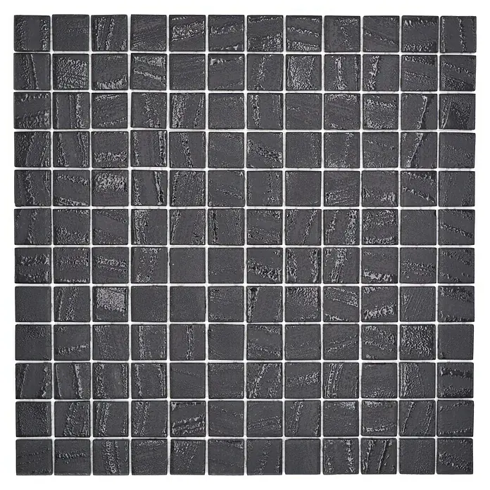 Mosaikfliese Quadrat Eco Uni TINA 03 - 31,5 x 31,5 cm, Schwarz/Anthrazit, Matt - Nahaufnahme von quadratischen Mosaikfliesen in Anthrazit mit unregelmäßiger Textur und hellem Fugenmörtel für ein modernes Bad-Design.