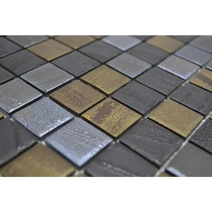 Mosaikfliese Quadrat Eco Mix TINA 357 - 31,5 x 31,5 cm, Schwarz/Anthrazit, Matt - Mosaikfliesen mit metallischen Oberflächen. Die Fliesen sind quadratisch und in Silber, Gold und Schwarz gehalten.
