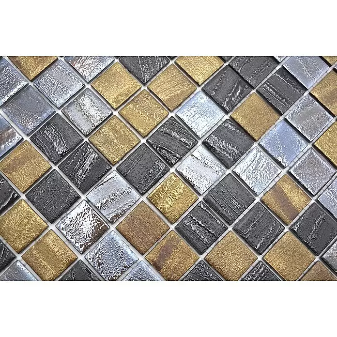Mosaikfliese Quadrat Eco Mix TINA 357 - 31,5 x 31,5 cm, Schwarz/Anthrazit, Matt - Texturierte Mosaikfliesen in einem Muster aus Gold, Silber und Dunkelgrau.