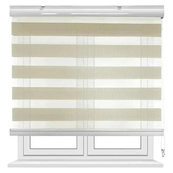 Estor noche y día Martina - An x Al: 150 x 250 cm, Beige - Estores enrollables dobles beige con tiras de tela transparentes y opacas alternadas, montados sobre un marco de ventana blanco.