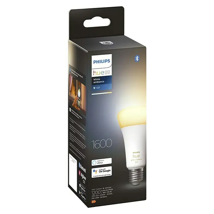 Philips Hue Set de bombillas LED inteligentes White Ambiance - E27, Intensidad regulable, Blanco cálido, 1.600 lm, 13 W, 1 ud. - Primer plano de una bombilla Philips Hue White Ambiance E27 con 1600 lúmenes, compatible con Alexa y Google Assistant.