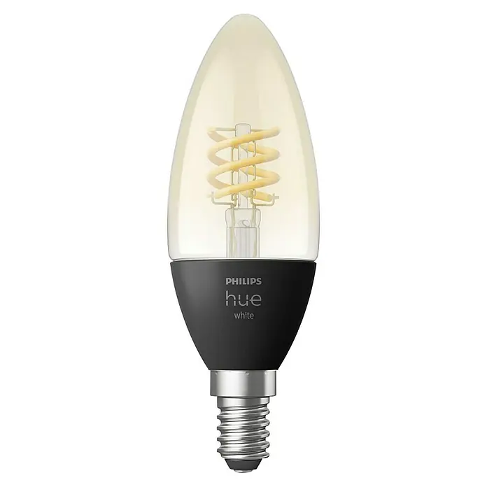 Philips Hue Smart-LED-Lampen Set Smart Vintage E27 - E14, Dimmbar, Warmweiß, 300 lm, 4,5 W, 1 Stk. - Die Philips Hue White Filament Kerze im Detail, mit ihrer klassischen Form und warmweißen Licht für ein gemütliches Ambiente.