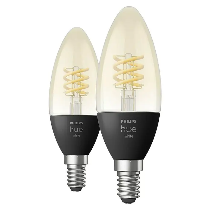 Philips Hue Smart-LED-Lampen Set Smart Vintage E27 - E14, Dimmbar, Warmweiß, 300 lm, 4,5 W, 2 Stk. - Zwei Philips Hue White Kerzenlampen im Detail. Diese smarten Lampen bieten warmweißes Licht und sind ideal für stimmungsvolle Beleuchtung.