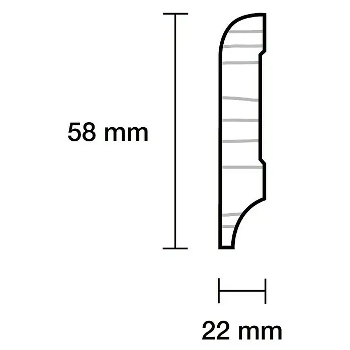 Sockelleiste - 240 x 2,2 x 5,8 cm, Kiefer - Skizze eines Zierprofils mit Abmessungen, 58 mm hoch und 22 mm breit, für den Innenausbau oder Möbelbau.