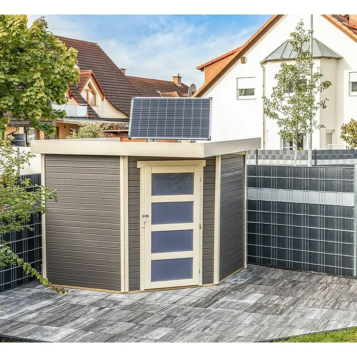Offgridtec Solarmodul 0% MwSt. (gem. § 12 Abs. 3 UStG) - Nennleistung: 150 W, 114 x 68 x 3,5 cm, 1 Stk. - Moderne Gerätehaus mit Solarpanel auf dem Dach, ideal für den Garten. Das Haus bietet praktischen Stauraum und nachhaltige Energiegewinnung.