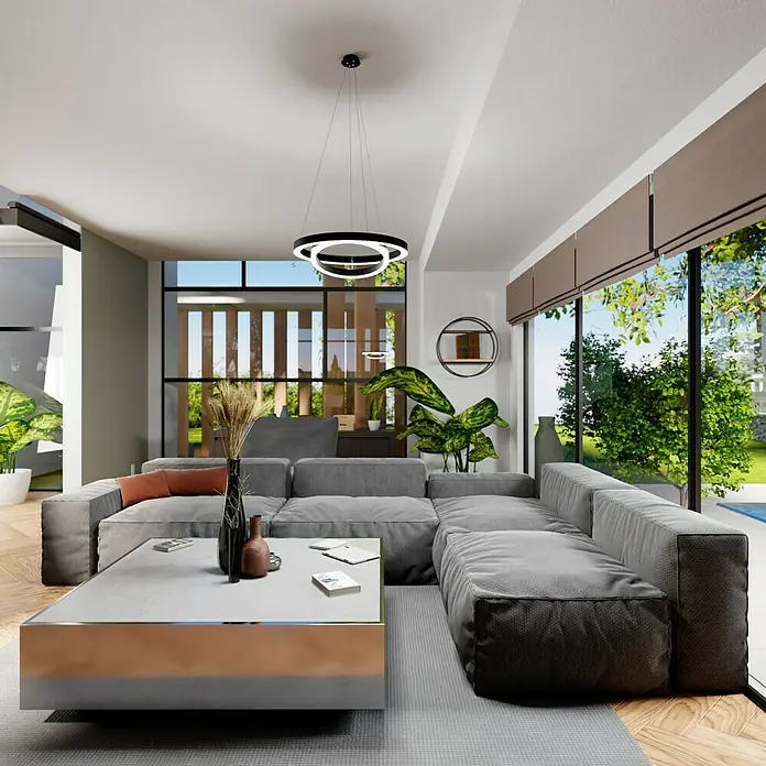 Direct Signs LED-Pendelleuchte Noble - Höhe: 150 cm, Schwarz, Durchmesser: 600 mm - Modernes Wohnzimmer mit grauer Eckcouch, Couchtisch und auffälliger Hängeleuchte. Die großen Fenster bieten einen schönen Blick ins Grüne.