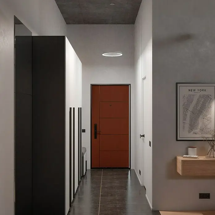 Direct Signs LED-Pendelleuchte Noble - Durchmesser: 400 mm, Weiß - Einladender Flur mit brauner Tür, stilvoller Beleuchtung und minimalistischem Design. Ideal für moderne Wohnkonzepte mit klaren Linien und funktionalem Stauraum.