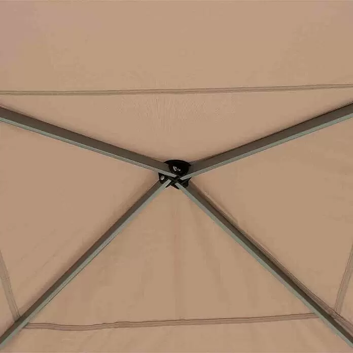 Siena Garden Faltpavillon Starter - B x T: 300 x 300 cm, Farbe Dach: Taupe - Innenansicht eines beigen Vordachs und seiner grauen Metallrahmenstruktur.