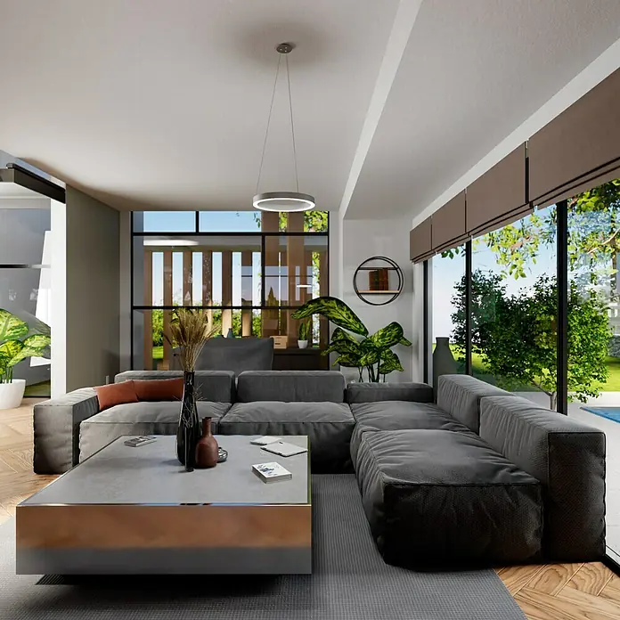 Direct Signs LED-Pendelleuchte Noble - Durchmesser: 400 mm, Weiß - Elegantes Wohnzimmer mit großem grauen Ecksofa, modernem Couchtisch und stilvoller Beleuchtung. Die Fensterfront bietet einen schönen Blick ins Grüne.