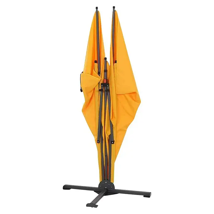 Siena Garden Sichtschutz Ben - 280 x 150 cm, Gelb/Anthrazit - Zusammengeklappter Strandsonnenschirm in Orange auf einem schwarzen Metallständer. Ideal für den Transport zum Strand.
