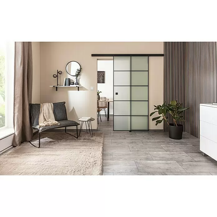 Diamond Doors Black Edition Schiebetür-Komplettset Loft - 935 x 2.058 mm, Milchglas - Schiebetür mit schwarzem Rahmen und mattierten Glasscheiben als Raumteiler in einem modernen Wohnbereich.