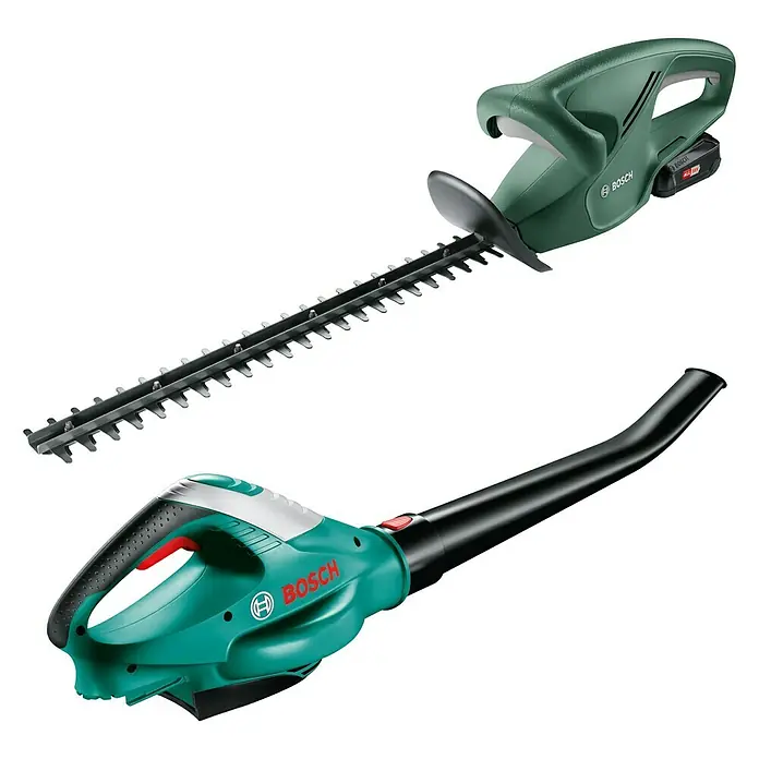 Bosch Power for All 18V Akku-Heckenscheren-Set EasyHedgeCut 18-45 + ALB 18 LI - 18 V, 2 Ah, Li-Ionen - Das Bild zeigt eine Akku-Heckenschere und einen Laubbläser von Bosch, die für die Gartenpflege konzipiert sind.