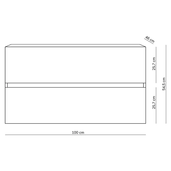 Artysan Mueble bajo de lavabo Inca - L x An x Al: 46 x 100 x 54,5 cm, Blanco - Ilustración de un mueble de baño con dos cajones y dimensiones indicadas para el ancho, el alto y la profundidad.