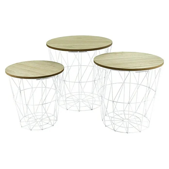 Mesa auxiliar de jardín Luke - Ø x Al: 34 x 35 cm, Tablero de fibra de madera de densidad media (MDF), Blanco, Marrón claro - Tres mesas de cesta de alambre blanco con tapas de madera, ideales como mesas auxiliares o elementos decorativos. Diseño elegante.