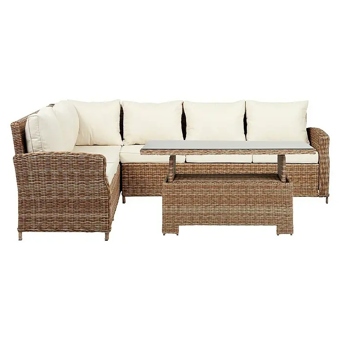 Mesa de jardín Gotland - L x An x Al: 134 x 84 x 68 cm, Aluminio/Ratán sintético, Arena - Elegante conjunto de muebles de jardín de ratán con cojines claros y mesa de centro a juego.