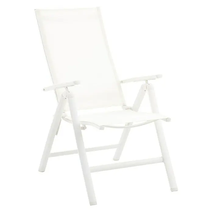 Sunfun Maja Sillón de posiciones - 61 x 68 x 110 cm, Blanco, Aluminio/Textiline - Aquí hay una silla de jardín blanca, alta y plegable con reposabrazos.