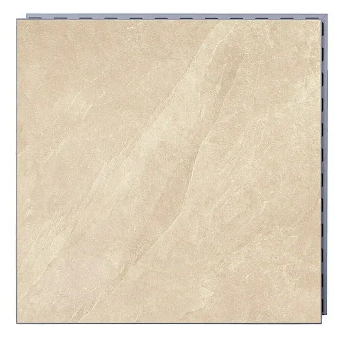 Terrassenfliese Click and Go Ardesia Gold - 60 x 60 cm, Beige/Gold, Matt - Nahaufnahme einer hellen, quadratischen Terrassenfliese mit Steinmuster und integriertem Klicksystem für einfache Verlegung.
