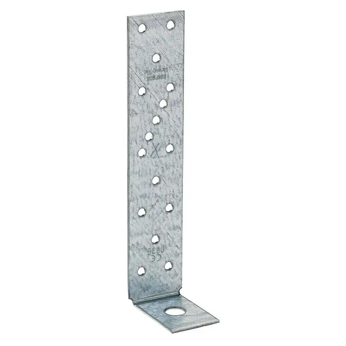 Simpson Strong-Tie Zuganker AH - 52 x 40 x 192 mm - Ein verzinkter Simpson Strong-Tie Winkelverbinder mit zahlreichen Löchern für eine sichere Befestigung im Bauwesen.