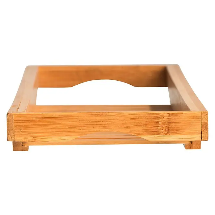 Wenko Bambusa Ablage - L x B x H: 16 x 70 x 4,5 cm, Bambus, Bambus - Nahaufnahme eines quadratischen, hölzernen Badewannenaufsatzes aus Bambus vor einem schwarzen Hintergrund.