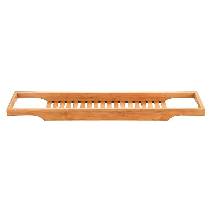 Wenko Bambusa Ablage - L x B x H: 16 x 70 x 4,5 cm, Bambus, Bambus - Nahaufnahme einer hölzernen Badewannenablage, ideal zum Entspannen und Organisieren Ihrer Badeutensilien. Praktisch und stilvoll.