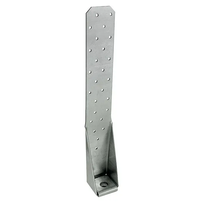 Simpson Strong-Tie Zuganker HTT - 62 x 64 x 404 mm, Stahl - Metallpfostenfuß mit vielen Löchern für Schrauben zur Befestigung auf Oberflächen, um Stabilität zu gewährleisten.