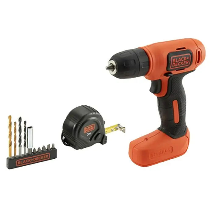 Black+Decker Atornillador de batería BDCD8GPA + 10 accesorios y flexómetro - 7,2 V, 1 batería, 1,5 Ah - Un juego de herramientas Black+Decker con taladro inalámbrico, cinta métrica y varias brocas para diversos proyectos.