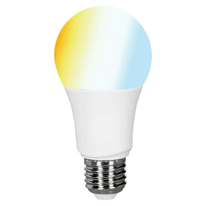 Müller-Licht Tint LED-Lampe - E27, Dimmbar, Warmweiß, 806 lm, 9 W, Farbtemperatur einstellbar: Stufenlos - Intelligente LED-Lampe mit Farbwechsel. Die Lampe ist weiß und hat einen silbernen Sockel. Sie kann verschiedene Farben darstellen.
