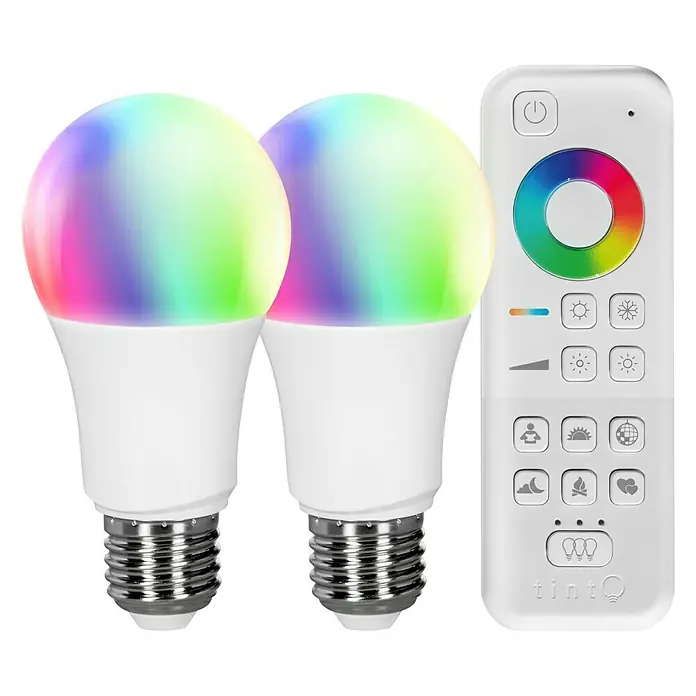 Müller-Licht Tint LED-Lampe - E27, Dimmbar, RGBW, 806 lm, 9,5 W, 2 Stk. - Zwei intelligente RGB-Glühbirnen mit einer weißen Fernbedienung. Sie bieten eine einfache Steuerung und Anpassung der Beleuchtung.