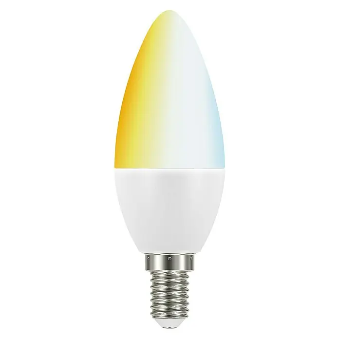 Müller-Licht Tint LED-Lampe - E14, Dimmbar, Warmweiß, 470 lm, 6 W - Nahaufnahme einer farbigen E14 LED-Lampe mit Kerzenform, die warmes Licht ausstrahlt. Ideal für stimmungsvolle Beleuchtung im Zuhause.