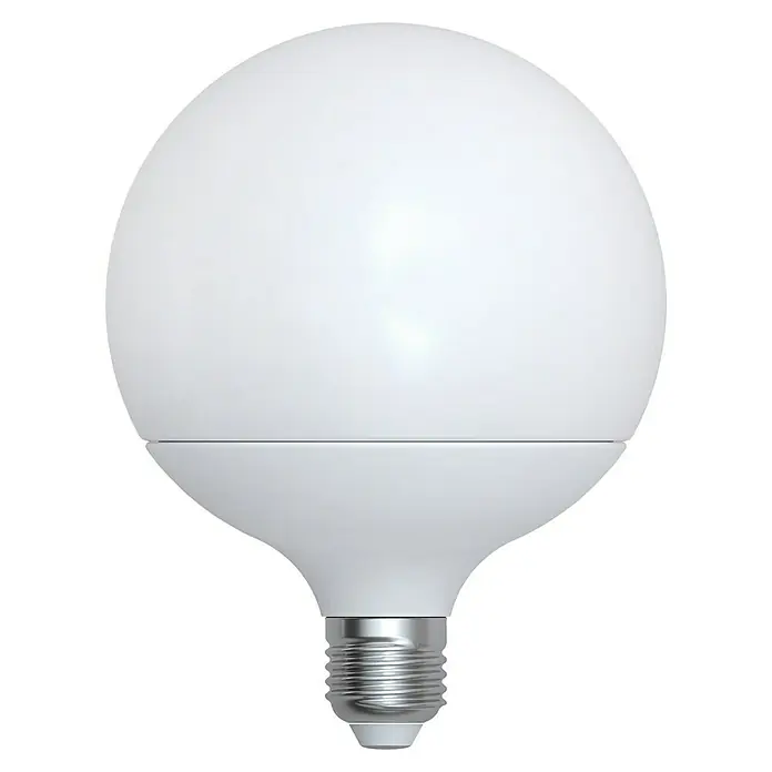 Müller-Licht Tint Smart-LED-Lampe Globe - E27, Dimmbar, Warmweiß, 1.520 lm, 15 W - Nahaufnahme einer matten LED-Globuslampe mit einem silberfarbenen Sockel und einer klaren, minimalistischen Ästhetik vor schwarzem Hintergrund.