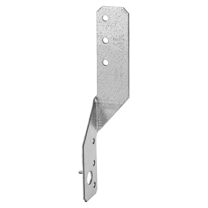 Simpson Strong-Tie Pfettenanker PFU - Rechts, 10 Löcher, 250 x 30 mm - Ein detailreiches Bild eines Simpson Strong-Tie Holzverbinders, der Robustheit und Präzision für den Bau verkörpert.
