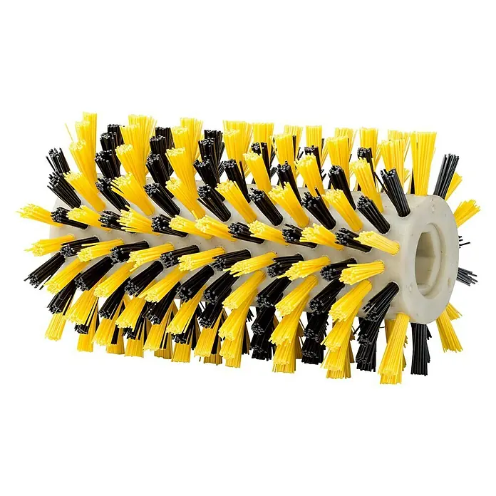 Gloria Bürstenwalze Universal - Geeignet für: Holzböden, Passend für: Gloria Bodenreinigungsbürste MultiBrush speedcontrol/li-on - Eine Walzenbürste mit gelben und schwarzen Borsten für Reinigungsanwendungen, die auf einem neutralen Hintergrund präsentiert wird.