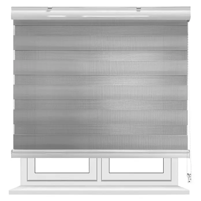 Estor noche y día Martina - An x Al: 165 x 250 cm, Gris - Un estor enrollable gris cuelga frente a una ventana, brindando privacidad y control de la luz. Las láminas grises le dan un aspecto moderno.