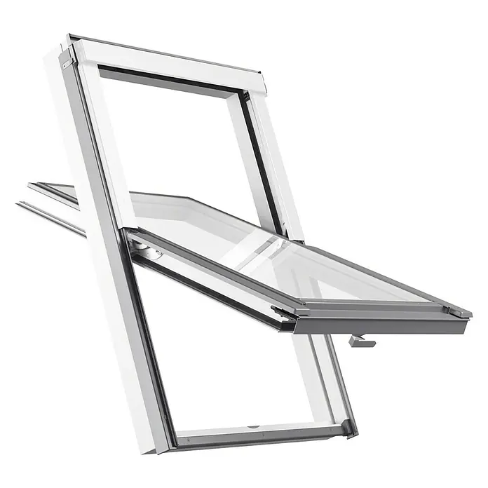 Solid Elements Ventana de techo Pro - 78 x 98 cm - Imagen de una ventana de techo parcialmente abierta. La ventana, enmarcada en blanco, ofrece una vista clara al exterior.
