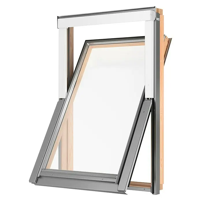 Solid Elements Ventana de techo Basic - 55 x 78 cm - Vista de una ventana de techo. La ventana está abierta, ofreciendo una vista al exterior. El marco es de madera y metal.