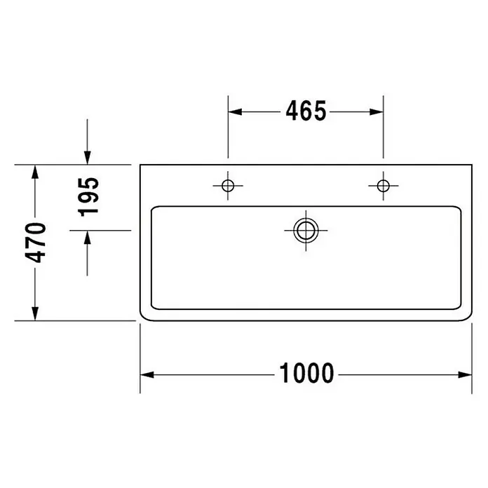 Duravit Vero Doppelwaschtisch - 100 x 47 cm, Ohne Spezialglasur, Hahnloch: Mitte, Mit Überlauf, Weiß, Ungeschliffen - Technische Zeichnung eines Duravit Waschtischs mit Bemaßungen für Installation, Breite 1000 mm, Tiefe 470 mm.