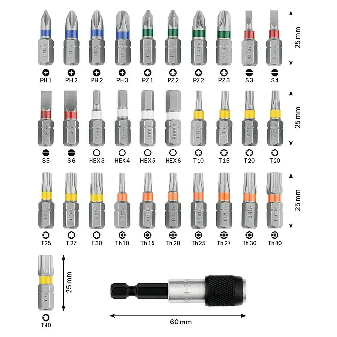 Bosch Bit-Set - ¼″ Sechskant - Eine Nahaufnahme eines Sets mit verschiedenen Schraubendreher-Bits und einem Bithalter, beschriftet mit Größenangaben und Abmessungen.