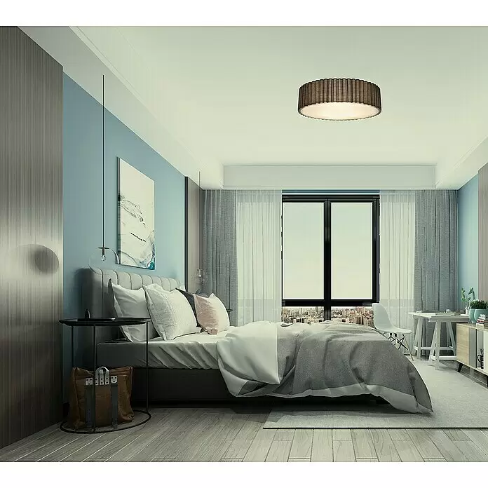 Tween Light Deckenleuchte rund Siena - 160 W, Grau, E14 - Runde, dunkelbraune Deckenleuchte mit Rippenstruktur in einem modernen Schlafzimmer.