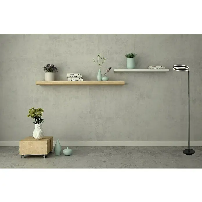 Lavida Ring LED-Stehleuchte - Höhe: 180 cm, Schwarz, Warmweiß - Eine moderne Stehlampe mit einem kreisförmigen Lampenschirm, die ein minimalistisches Design in einem stilvollen Interieur bietet.