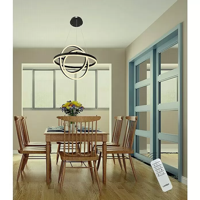 Lavida Ring LED-Pendelleuchte rund - 55 W, Ø x H: 50 x 120 cm, Schwarz, Mehrfarbig - Moderne schwarze runde LED-Pendelleuchte mit leuchtenden Ringen über Esstisch, Fernbedienung am Boden.