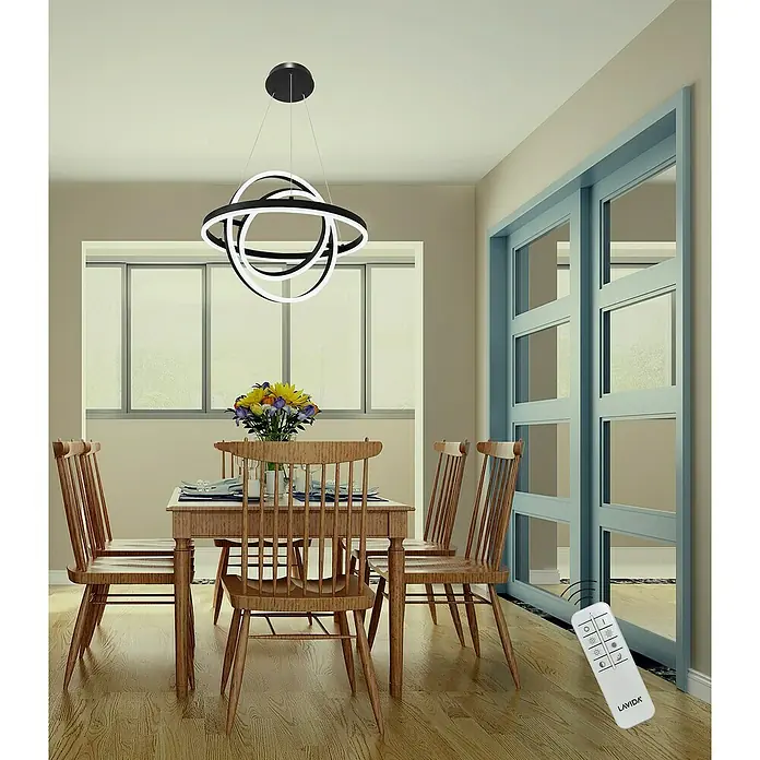Lavida Ring LED-Pendelleuchte rund - 55 W, Ø x H: 50 x 120 cm, Schwarz, Mehrfarbig - Ein modernes Esszimmer mit einem stilvollen, schwarzen LED-Kronleuchter und einer Fernbedienung für die Beleuchtung.