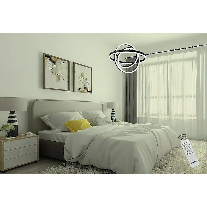 Lavida Ring LED-Pendelleuchte rund - 55 W, Ø x H: 50 x 120 cm, Schwarz, Mehrfarbig - Modernes Schlafzimmer mit einem auffälligen, runden LED-Kronleuchter, der das Zimmer erhellt und für eine stilvolle Atmosphäre sorgt.