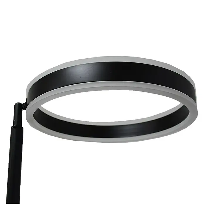 Lavida Ring LED-Stehleuchte - Höhe: 180 cm, Schwarz, Warmweiß - Nahaufnahme einer modernen, ringförmigen LED-Deckenleuchte in Schwarz mit einem subtilen weißen Rahmen, montiert an einer schlanken Stange.