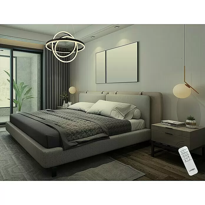 Lavida Ring LED-Pendelleuchte rund - 55 W, Ø x H: 50 x 120 cm, Schwarz, Mehrfarbig - Weiße Fernbedienung für Beleuchtung mit Tasten für Ein/Aus, Helligkeit und Farbtemperatur, in modernem Schlafzimmer.